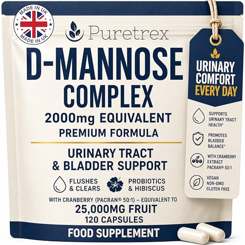 Puretrex D-Mannose Complex 2000mg, 120 Vegan Capsules with Cranberry Pacran, Hibiscus, Probiotics, Zinc, Urinary Tract & Bladder Support, Daily High Strength Supplement for Women and Men, Made UK