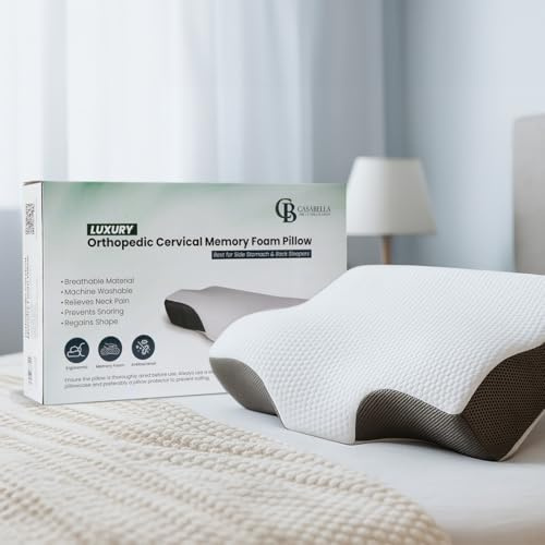 Casabella Memory Foam Neck Pillow - Orthopedic Pillow for Neck & Shoulder Pain Relief - Cervical Ergonomic Contour Support for Side Sleepers, Back & Stomach Sleepers with Removable Washable Cover
