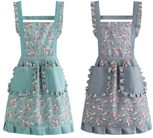Hnonoxy 2 Piezas Delantales Florales, Mandiles con Bolsillos para Cocinar y Hornear, Delantal de Cocina Mujer, Delantal de Chef Vintage con 2 bolsillos, Estampado Floral Delantales Hornear, Verde+Gris