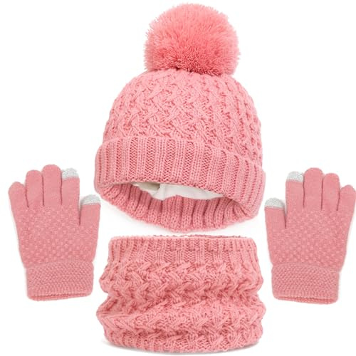 Generisch Berretto invernale per ragazzi e ragazze, con berretto per bambini, set di sciarpe, con cappello per casco, berretto con pompon per bambini, berretto per bambini, Rosso anguria., 1-6 Jahre