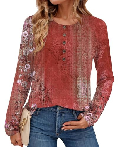 Womens Print Casual Loose Fit Tops Shirts Crew Neck Lightweight Blouse Button Front Long Sleeve Pullover T Shirts