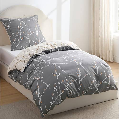 BEDSURE Bettwäsche 135x200 2teilig Bettbezug - Bettwäsche-Sets 135 x 200 cm mit Kissenbezug 80x80 cm, ÖKO-TEX Wendebettwäsche Bedding Muster Grau Zweige für Einzelbett mit Reißverschluss