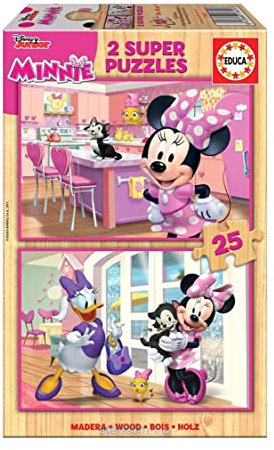 Educa - Holzpuzzle mit 25 Teile | Minnie, 2x25 Teile Holzpuzzle für Kinder ab 3 Jahren, Disney Puzzle (17625)