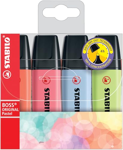 STABILO BOSS ORIGINAL Pastel - Highlighter - Pack of 4 - Mellow Coral Red, Cherry Blossom Pink, Cloudy Blue, Dash of Lime