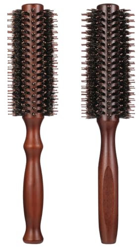 tiopeia 2 Pcs Round Brush Boar Bristle Round Hair Brush Wooden Handle Styling Brush Anti Static Quiff Roller Hair Comb for Women and Men, Straightening and Curling, Wet and Dry Hair