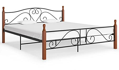 Metallbett 200x200cm | Bettgestell Bett mit Lattenrost, Retro, Doppelbett Gästebett Schlafzimmer Jugenzimmer, Metall, massives EichenholzA62