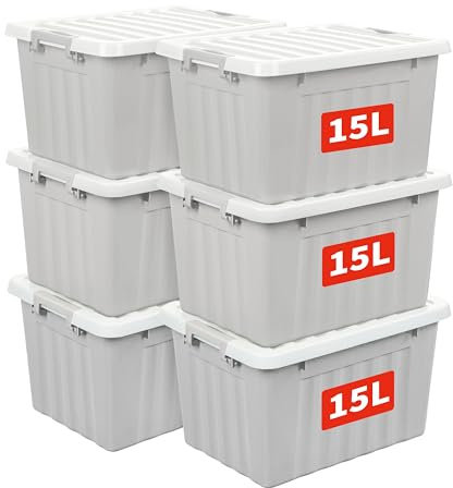 Cetomo 15L*6 Boîtes de Rangement avec Couvercles, Boîte de Rangement en Plastique avec Fermetures à Clipser, Empilable, Encastrable, pour Placard de Bureau à Domicile, Gris, 15L, Lot de 6