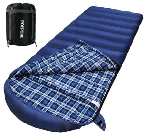 POEPORE 0 Degree Sleeping Bag 100% Cotton Flannel XXL Cold Weather Winter Oversized Sleeping Bag for Adults Camping Zero Degree Big and Tall with Compression Sack