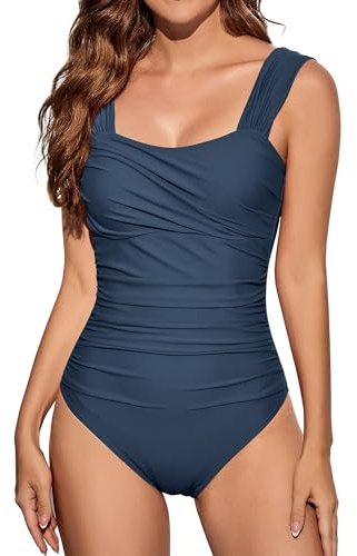 VECENEY One Piece Swimming Costume Women Tummy Control Modest Swimwear Square Neck Ruched Swimsuit Navy L