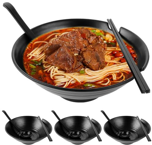 LOPYXBR 4er Set Ramen Schüssel 1000ml Kunststoff Ramen Bowl Ramen Set mit Löffel und Essstäbchen Schwarz Ramen Schüssel Set für Ramen, Salat, Suppe, Pho Bowl