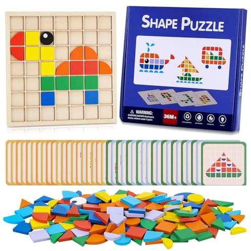 Huiguli 139 Bloques de Patrones de Madera, Puzzles de Mosaico Madera con 20 Tarjetas, Puzzle Tangram Rompecabezas Niños, Juguetes Montessori Niños Niña 3+
