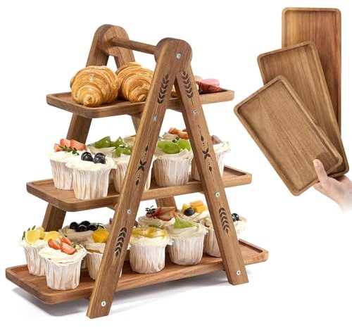 DUJUST alzatina per dolci in legno per 24 Cupcake, porta torta a 3 livelli con superficie per alimenti, alzata per torta di acacia per alimenti e giocattoli, facile da installare - pieghevole