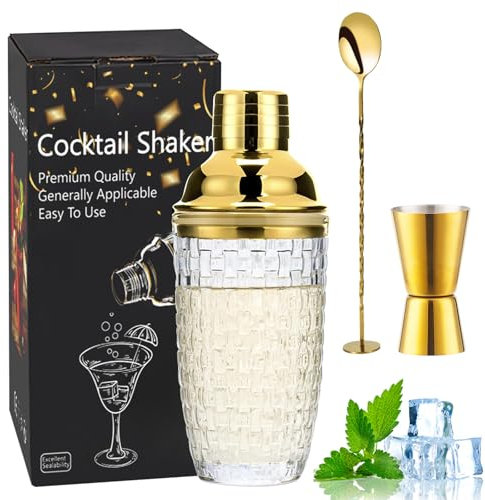 Gohytal Cocktail Shaker, 385ML Shaker Glas, Glas Cocktailshaker, Klarglas Gold Cocktail Shaker Mixer Set mit Edelstahl Lecksicher Messbecher-Deckel für Zuhause Bar Fruchtsäfte Getränke