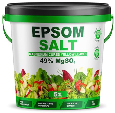 Epsom Salt Bucket for Plants, 49% MgSO4, Magnesium Cure for Yellow Leaves, Ready-to-Use Granules Garden Plant Growth, Lawn Care Magnesium Sulphate Fertiliser by Pure Source Nutrition (5KG)