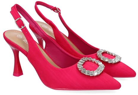 89673 Zapatos de Salon para Mujer, Elegante y Comodo, Diseno Moderno, Adorno Brillante en la Puntera y Cierre de Hebilla, Ocasiones Especiales. Fucsia Talla 38