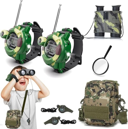 Walkie Talkie Kinder Geschenke Set für kleine Entdecker: Fernglas & Camping-Ausrüstung für Abenteuer, Coole Spionage-Gadgets für Jungen und Mädchen