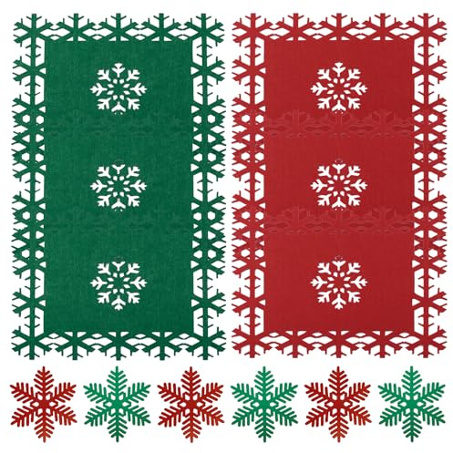 URROMA 6 Set de Sets de Table et Dessous de Verre en Feutre Motif Flocon de Neige de Noël Sets de Table Antidérapants en Feutre Vert et Rouge pour Noël Décoration