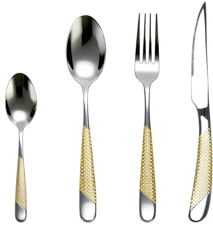 24-delars bestickset i guld – silverbestick i rostfritt stål för 6 personer med kniv, gaffel, sked, spegelfinish och diskmaskinssäker – gyllene slipdesign