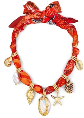TOVABA Collar para mujer con bufanda de seda, cadena de tela roja con estrella de mar y colgante de concha, bisutería bohemia en aspecto marítimo para verano y vacaciones