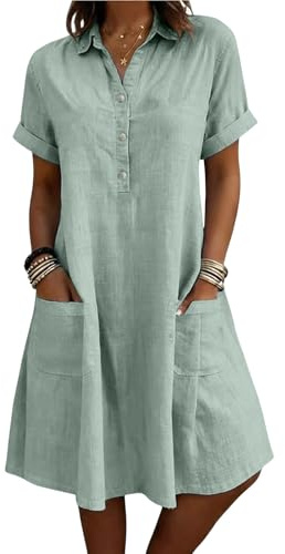 YGERGWE Dresses with Pockets, Short Sleeve Casual Womens Midi Dresses with Pockets Loose Fit Button Up Linen Shirt Dress for Summer Beach Holiday Light Green