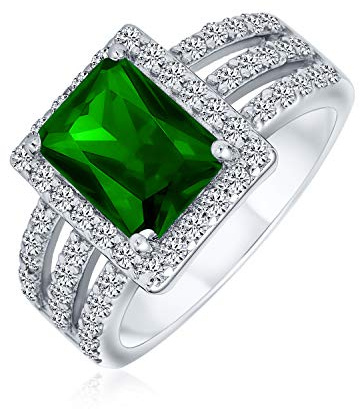 Personnalisez La Bague De Fiançaillesilles De Style Art Déco 3Ct Rectangle Aaa Cz Verte Taille Émeraude Pour Femmes Large Bande .925 Argent Sterling Personnalisable
