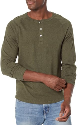 Amazon Essentials Men's Slim-Fit Long-Sleeve Henley Shirt, Olive Heather, L