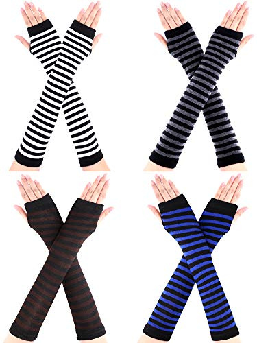 4 Pairs Women's Knit Arm Warmers - Long Fingerless Gloves, Elbow Length, Thumb Hole - Winter (Black, Grey, Blue, Coffee)