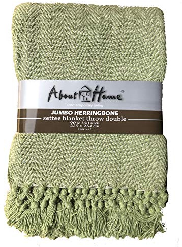 About Home Herringbone Cotton Blanket Throw, Settee Cover (Sage GREEN/Natural, 90x100)