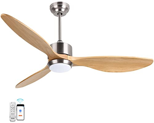 Ovlaim 132 cm Ventilatore da soffitto con luce e telecomando, 6 velocità, luce LED in 3 colori, motore DC, timer, per soggiorno, camera da letto, Legno Naturale