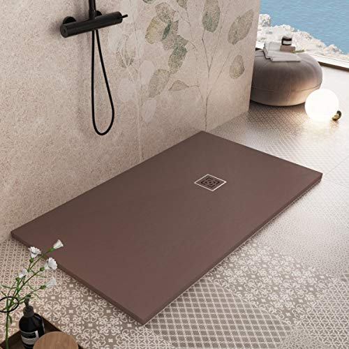 Essence ArredoBagno Plato de ducha de resina 100 x 70 cm, efecto piedra antideslizante con helcoat, modelo Rome marrón, rejilla y desagüe incluidos