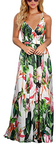 BUOYDM Vestido Mujer Casual Largo Sexy Vestido Boho Floral Maxi con Cuello en V de Playa Verano Vestido
