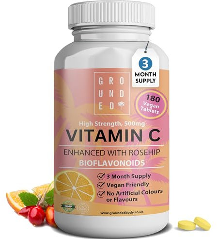 Vitamin C 500 mg Enhanced with Rosehip Bioflavonoids, 3 Month Supply (180 Tablets) Vegan & Vegetarian Friendly High Strength, Premium Dose Slow Release VIT C for Immune Support, UK Made by Grounded