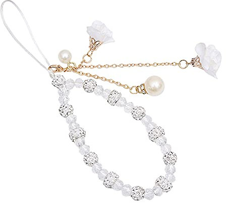 Handy Perlen Lanyard Handykette Perlen Handyanhänger, Anti-Verlorene Handykette Vintage Blume Böhmische Schlüsselband Kette Mobile Phone Hängende Schnur Handy-Schmuck für Frauen Damen, Weiß