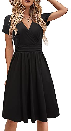 STYLEWORD Women's Summer Dress Short Sleeve V-Neck Sundress Black Wrap Waist Casual Dress with Pockets(Black,X-Large)
