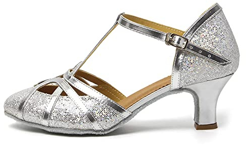 HROYL Women T-Strap Glitter Latin Dance Shoes Low Heel Salsa Tango Ballroom Latin Party Wedding Dancing Shoes,511-Silver-5,7.5 UK