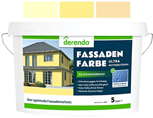 derendo Silikonharz Fassadenfarbe ULTRA Wetterschutz Cremegelb 5 l aussen Fassade Silikonharzfarbe mit Abperleffekt Lotus Blatt Fassadenschutz Schmutzabweisende Silikonharzbeschichtung