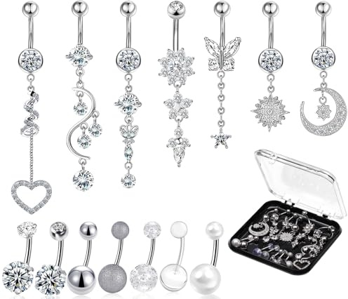 14 PCS Belly Button Rings for Women, 14G Long Dangle Navel Ring Screw Bar Design Body Piercing Jewelry Belly Rings Gifts