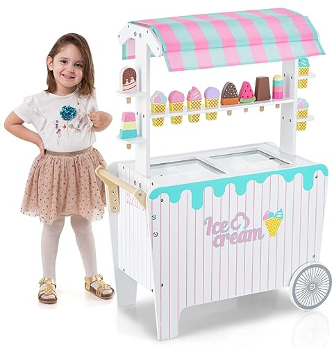 GYMAX Kids Ice Cream Cart, Play Dessert and Food Toy Shop with Display Rack, Sliding Frozen Compartment, Storage Shelf, Wheels & Canopy, Wooden Pretend Shop Playset for Boys and Girls 3+