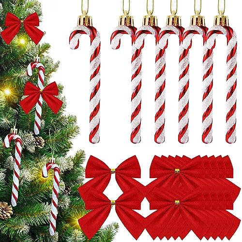 FUKPO 6 Pièces Rouge et Blanc Rayures Sucre d'orge Bonbon Decoration Sapin Noel et 12 Pièces Noeud Rouge Décorations Noel, Canne de Bonbons Plastique de Noël Suspendre Deco Noel Interieur Maison