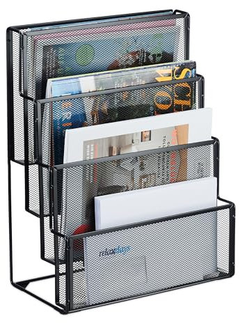 Relaxdays Revistero Rejilla Metálica, 4 Compartimentos, Organizador Revistas, Periódicos, 43x33x18cm, Negro