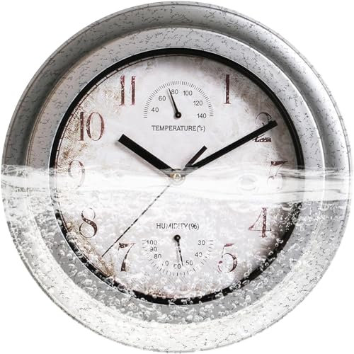 XQZMD Außen Wasserdicht Wanduhr, Vintage Wanduhr mit Temperaturanzeige und Luftfeuchtigkeit Vintage, Ohne Tickgeräusche, Retro Industriestil Wanduhr für Garten küche Wohnzimmer Patio (A)