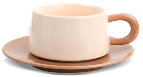 Tazze da Caffè da 220 ml, Set di Tazza e Piattino, Tazzine Caffe e Cappuccino, Tazza da Tè Pomeridiano, Tazze Colazione Mug Ceramica, Tazze da Espresso con Manico per Latte, Moka (Marrone Chiaro)