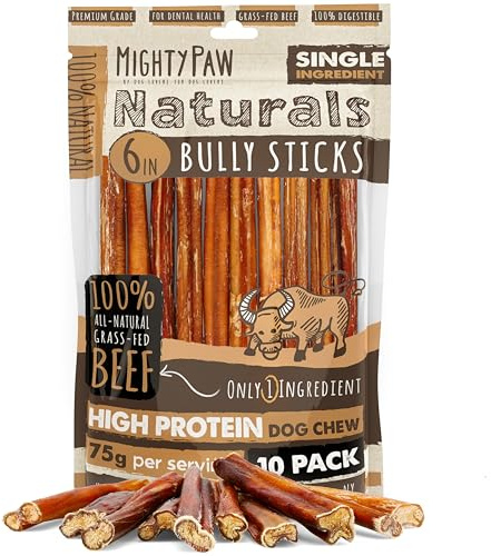 Mighty Paw Naturals Bully Sticks for Small & Medium Dogs - Grass Fed Beef Chews. Bully Sticks for Large Dogs. Lower Odor Stick Treat. Single Ingredient (6 - 10 Pack)