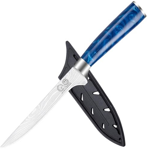 XYJ Autentico dal 1986, 6 pollici in acciaio inox cucina disossare coltello, Laser Damasco modello giapponese coltello da cucina, bistecca carne mannaia intaglio disossamento coltello con guaina