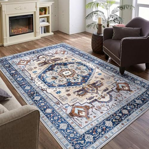 WONGS BEDDING Waschbarer Teppich 140x200cm Schlafzimmer Traditionelle Vintage Teppich Anti-Rutsch Low Pile Teppiche Wolle Schlafzimmer Teppiche für Wohnzimmer Büro Home Decor