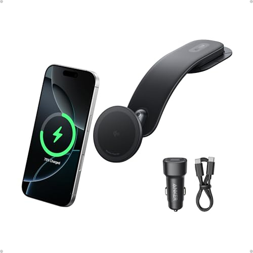 Anker Nano kabelloses Kfz-Ladegerät, 360° verstellbares magnetisches Ladegerät, abnehmbares Pad, 15W Qi2 Schnellladen, robuste Metallhalterung, Für iPhone 17/16/15/14/13/12 Serie (Mit Netzteil)