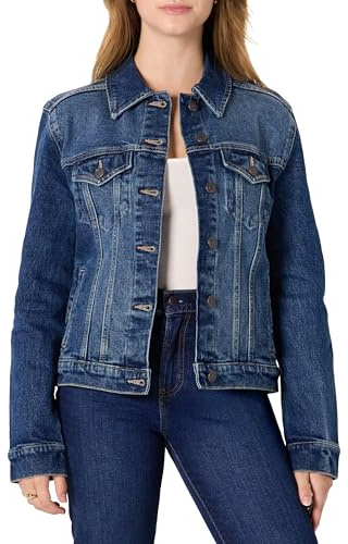 Amazon Essentials Women's Regular-Fit Low Stretch Denim Trucker Jacket with Pockets, Stone Dark Wash, X-Small