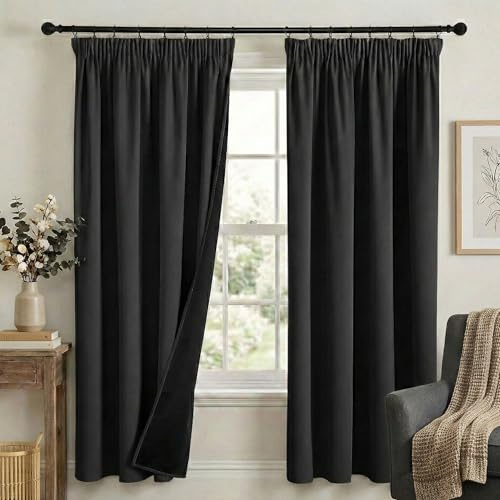 PONY DANCE 100% Blackout Thermal Insulated Curtains, 46x72 Inch, Black | Pencil Pleat Rod Pocket Curtains for Bedroom and Living Room, 2 Panels, Noise Reduction, Light Blocking & Privacy Drapes