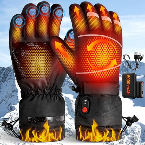 LanBlu Gants Chauffants Femme Homme, 2*5000mAh Batterie Rechargeable Gant Chauffant Moto avec 3 Niveaux de Chauffage, Écran Tactile Imperméable Electrique Gant Chauffant Homme pour Ski Cyclisme Pêche