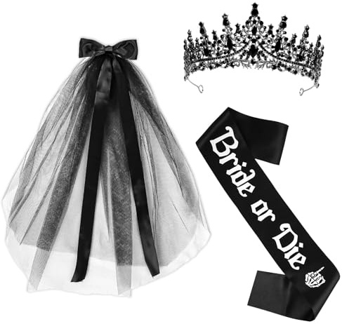 JarThenaAMCS 3Pcs Bride or Die Bachelorette Party Decoration Set Black Bride Bow Veil Tiara Crown Sash for Women Bridal Shower Decor Gothic Wedding Day Accessories Halloween